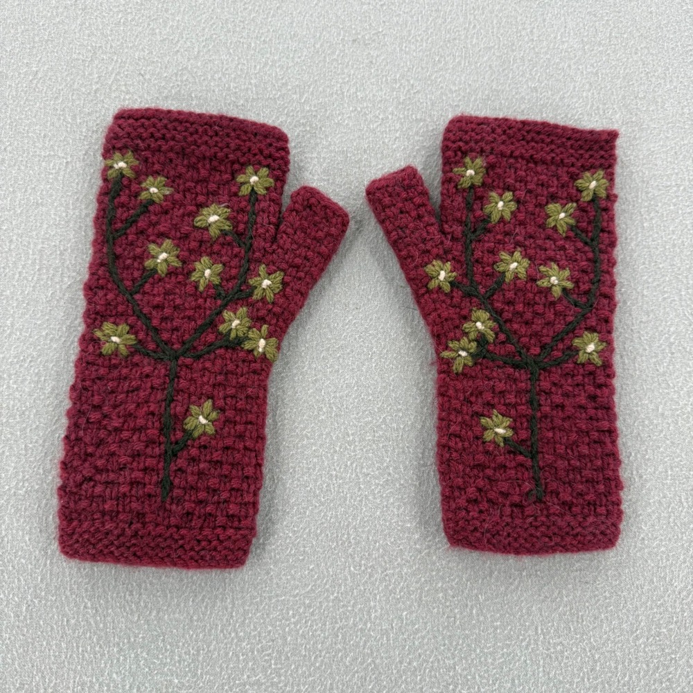 Hand Knit Alpaca Blend Bolivia Made Fingerless Embroidered Floral Maroon Gloves